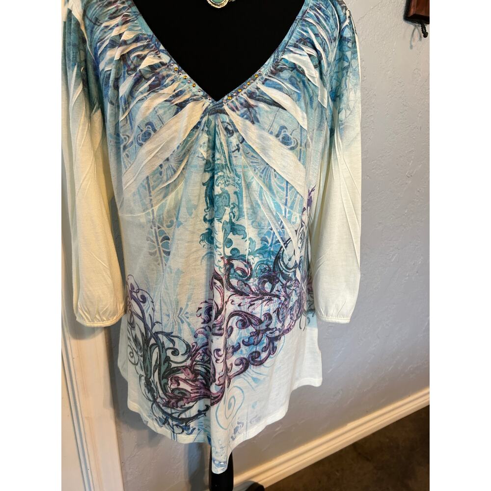 Style & Co. Blue Scroll Abstract V-Neck Embellished Top - Size L - EUC - Picture 3 of 7